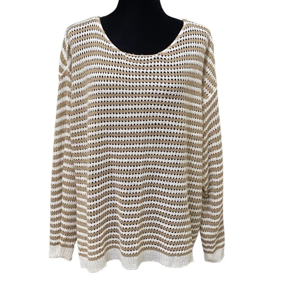 Pink Lily Taupe Ivory Striped Boho Beachy Open Knit Sweater 3XL - Picture 7 of 13